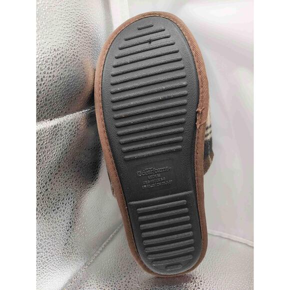 Men's Dearfoams Black And Cream Plaid Faux Fur Trim Size Medium (9-10) Slippers - Picture 6 of 7